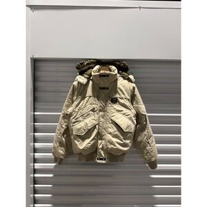Helly Hansen Tan Parka Bomber Jacket Faux Fur Hood Olive Lining Size M